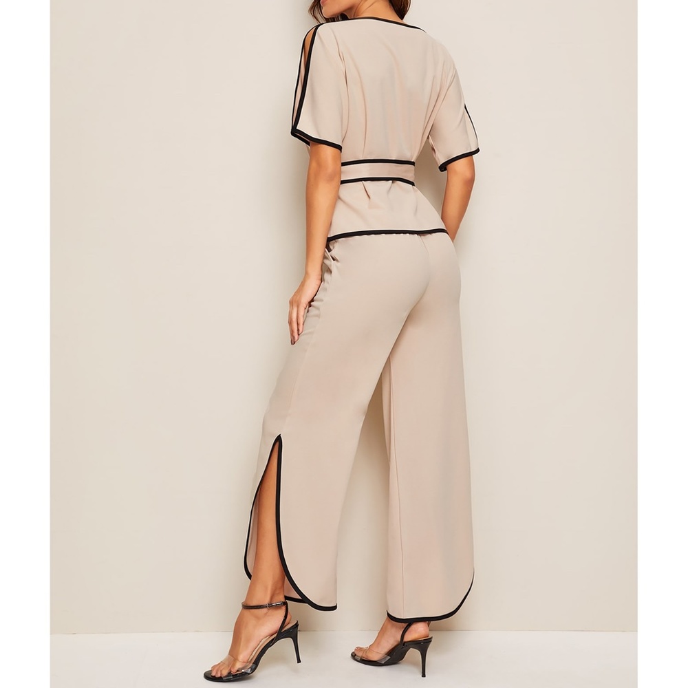 Nude Black Trim Belted Top Side Split Pants Set - Picture 2 of 6